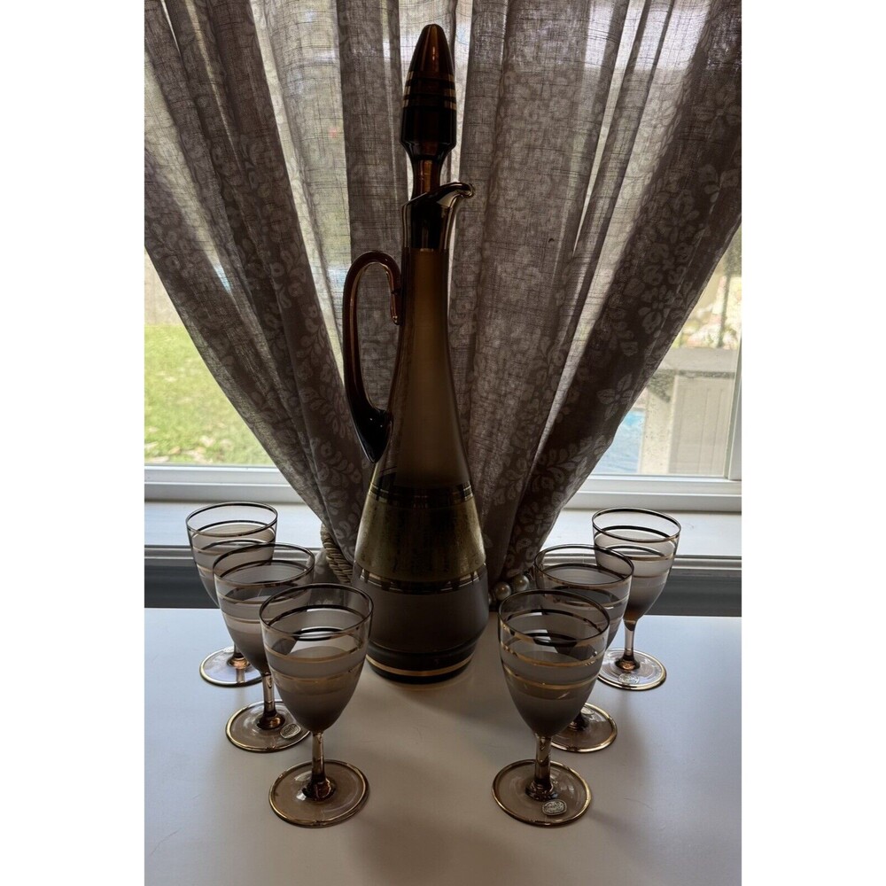 7 Pc. Vtg Bohemian Crystal Frost Amber Glass Gold Embossed Decanter Set Stemware
